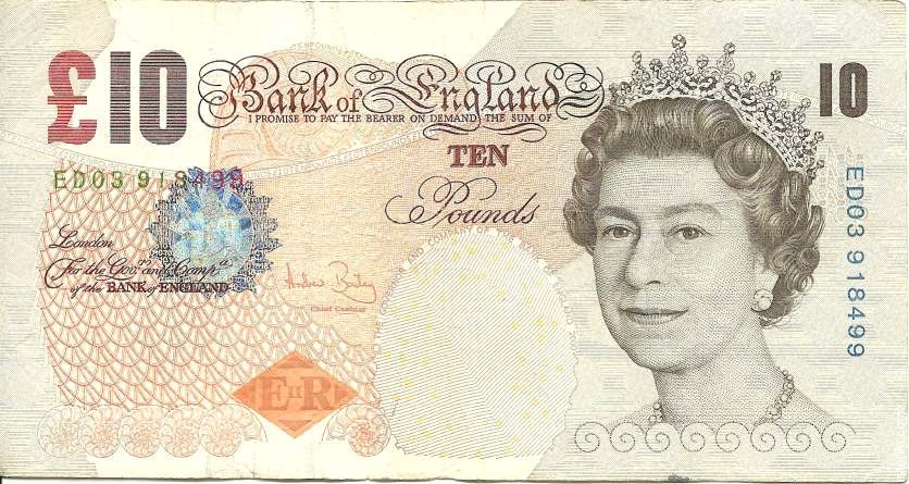 Ten British pounds banknote
