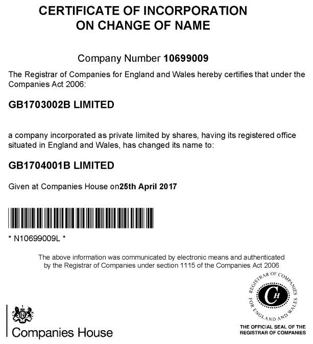Certificate of incorporation on change of name